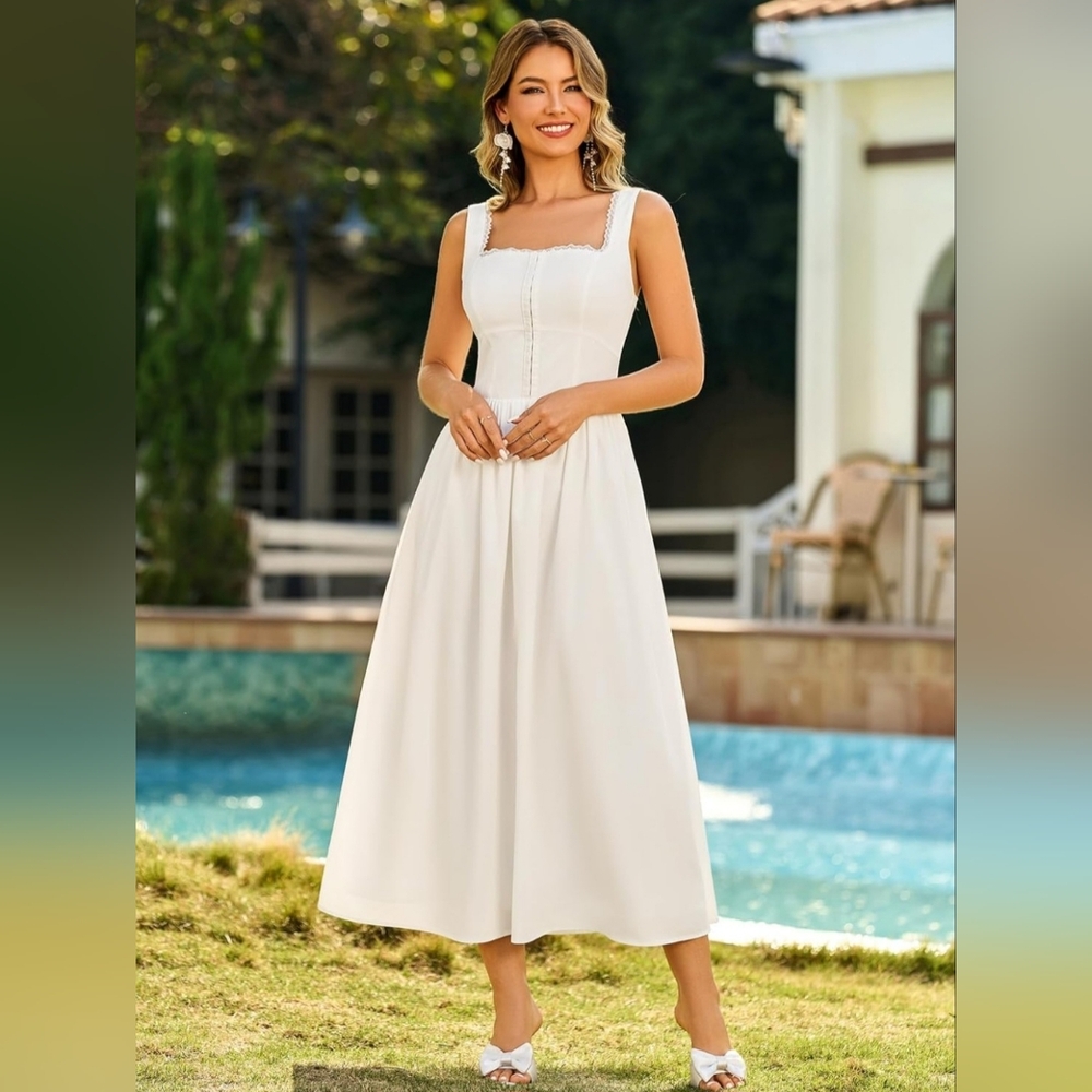 NWT❗️KUTUMAI Lace Square Neck Corset Midi Dress Summer Smocked Flowy A Line Sz S